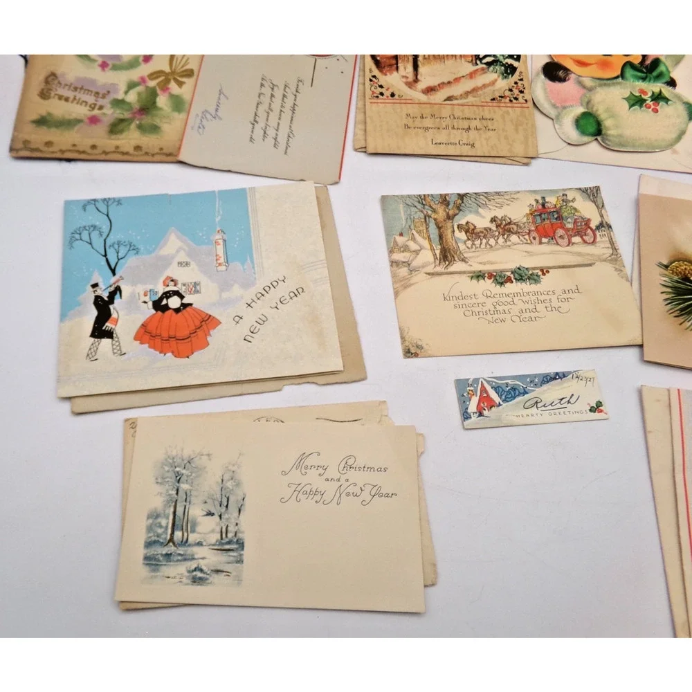 Vintage MCM Christmas Greeting Card Cute Girl Glitter Muff Happy New Year & more - Picture 8 of 16